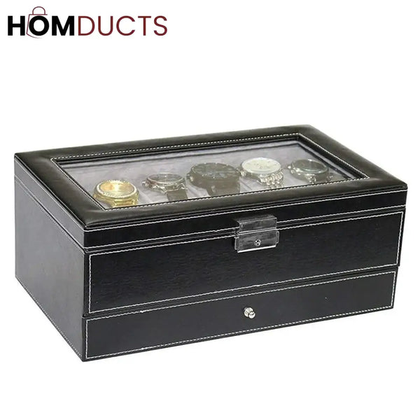 12 Slots Double Layer Pu Leather Watch Storage Box J & C Organizer