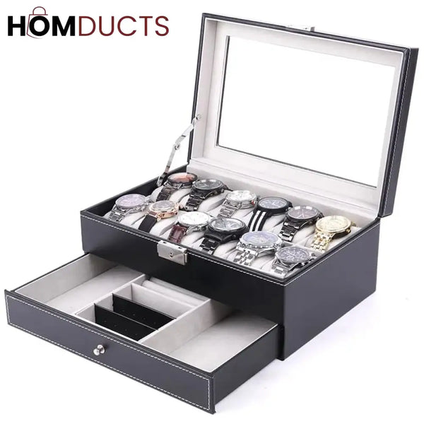 12 Slots Double Layer Pu Leather Watch Storage Box J & C Organizer