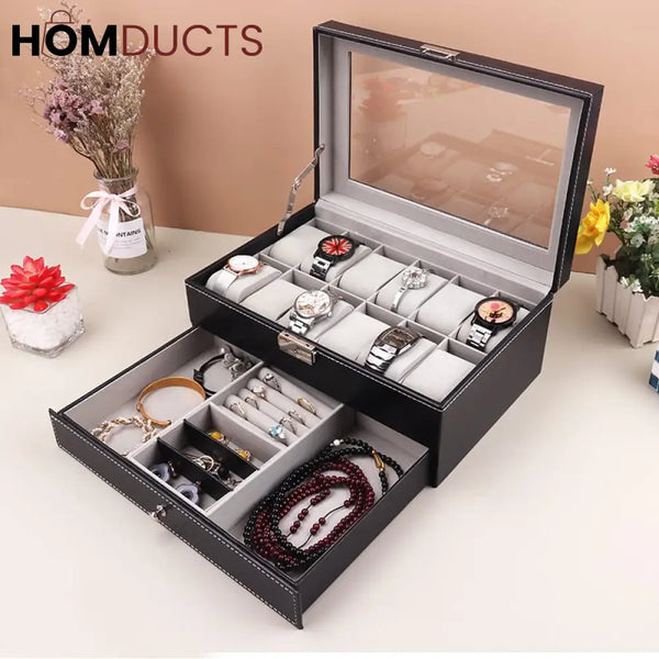 12 Slots Double Layer Pu Leather Watch Storage Box J & C Organizer