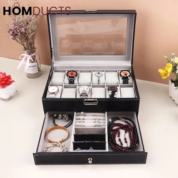 12 Slots Double Layer Pu Leather Watch Storage Box J & C Organizer