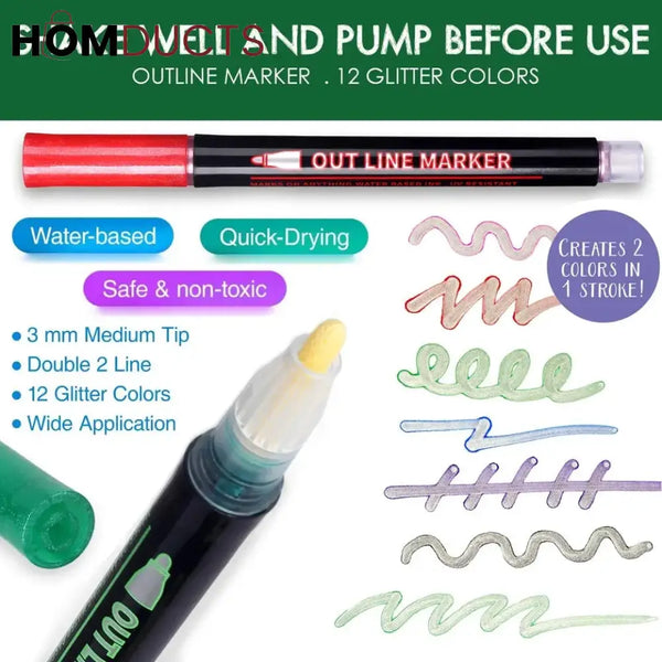 12Pcs Double Line Outline Art Marker Highlighter