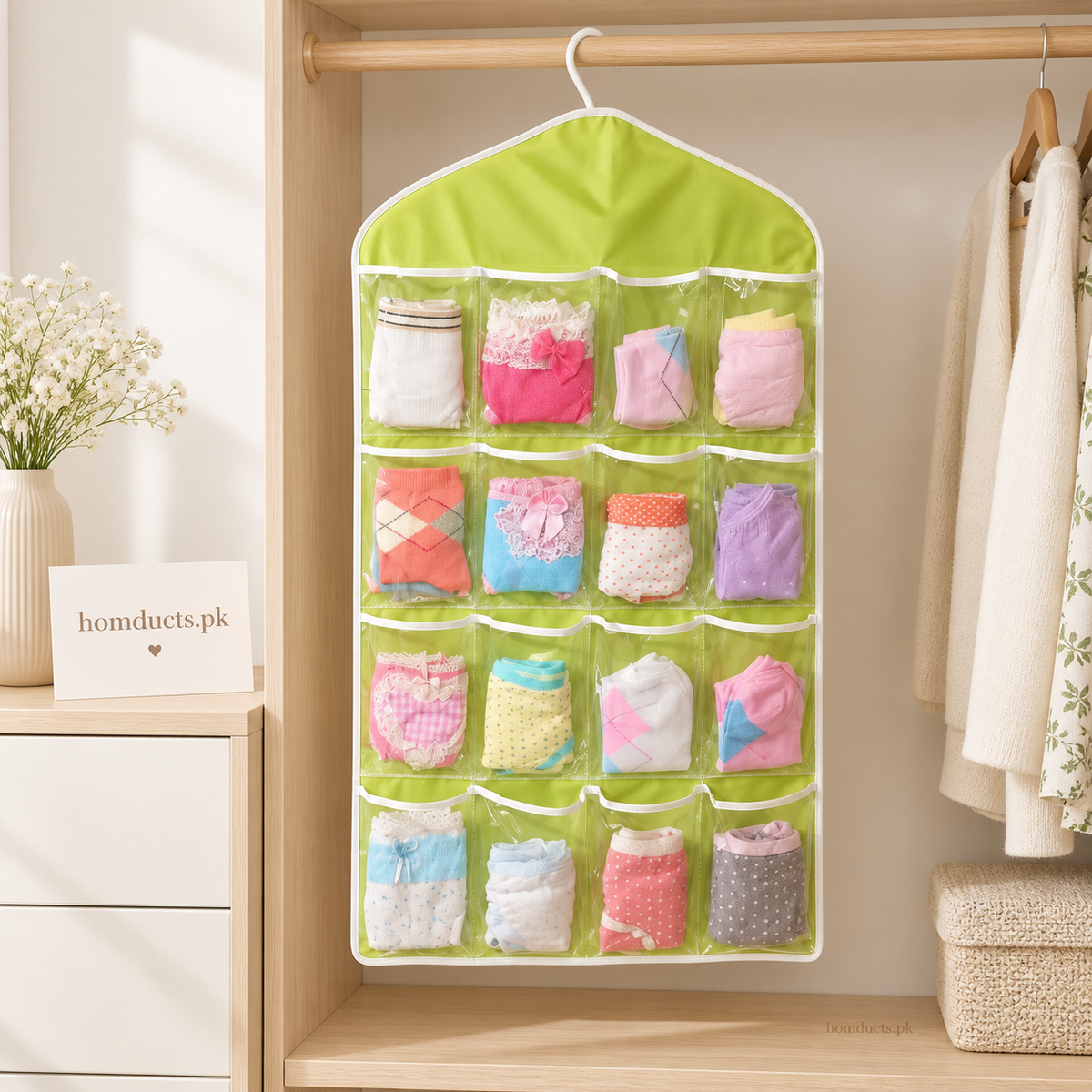 Green 16-pocket hanging socks and accessories organizer