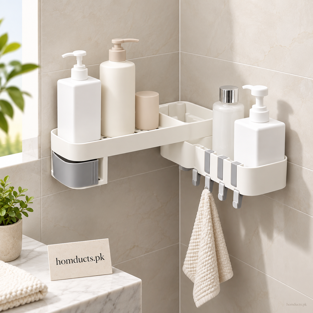White 180-degree rotating corner bathroom shelf with four hooks