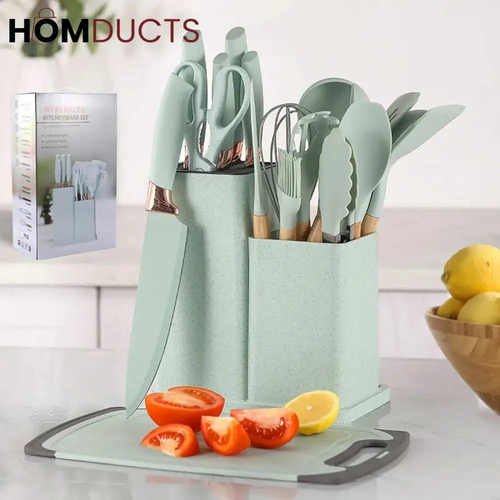 19Pcs Kitchen Utensils With Knife Set Green