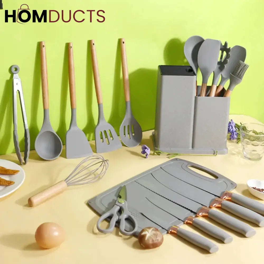 19Pcs Kitchen Utensils With Knife Set Grey