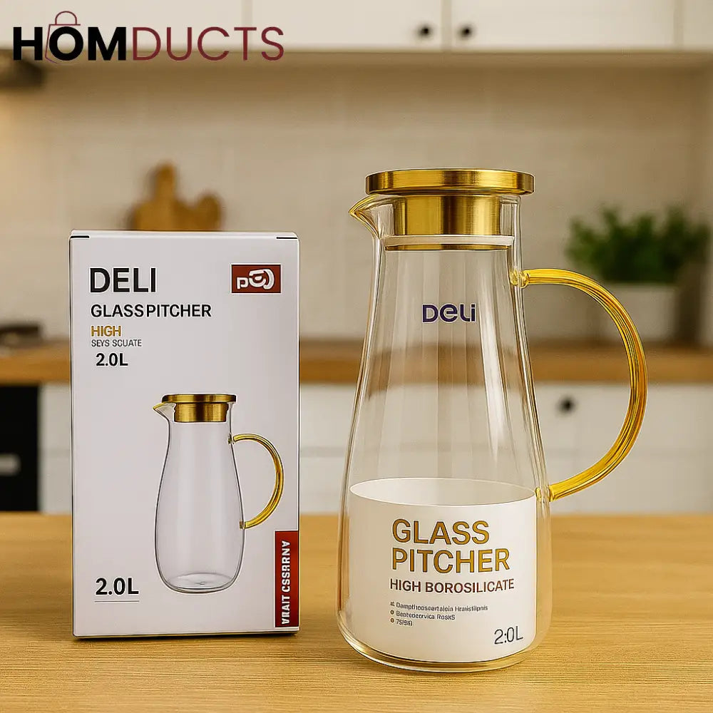 2.0L Gold Handle Borosilicate Glass Water Pitcher – Heat Resistant Jug by DELI