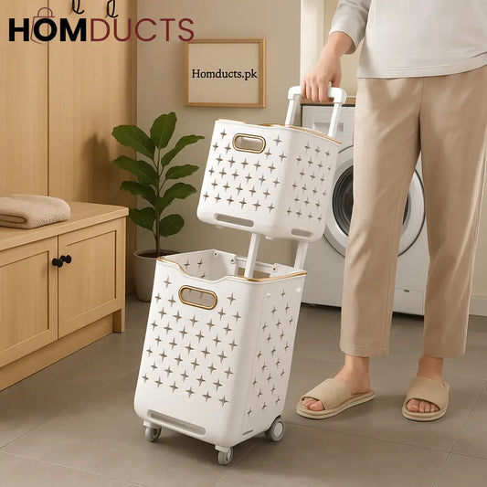 2-Tier Rolling Laundry Basket with Handle – Folding Star-Cut Clothes Hamper Trolley