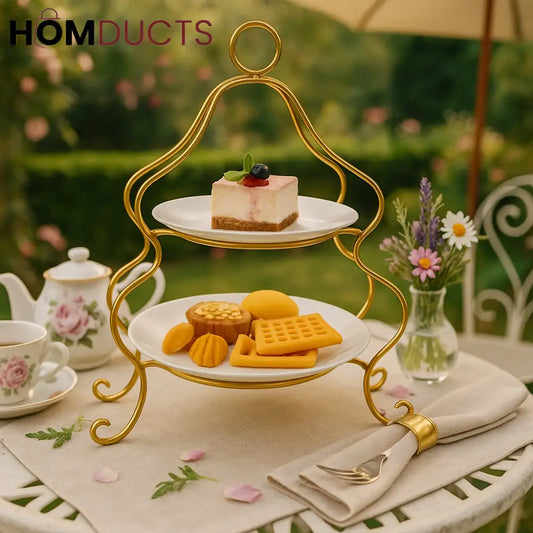 2-Tier White Porcelain Dessert Stand with Gold Frame – Elegant High Tea Serving Tray