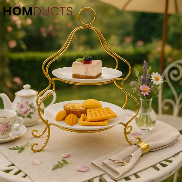 2-Tier White Porcelain Dessert Stand with Gold Frame – Elegant High Tea Serving Tray