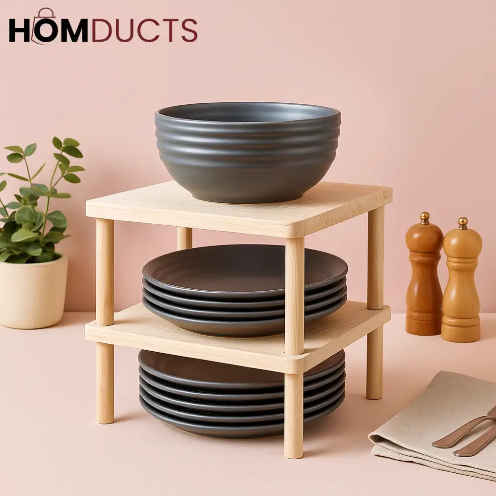 2-Tier Wooden Plate Organizer Rack – Space-Saving Kitchen Shelf