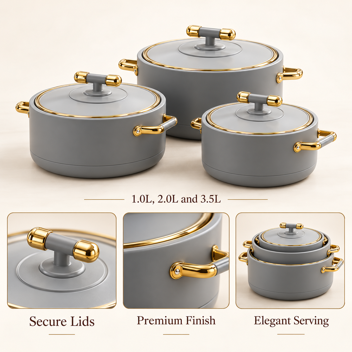 2511 Premium 3-Piece Hot Pot Set – Grey & Gold features and capacity details