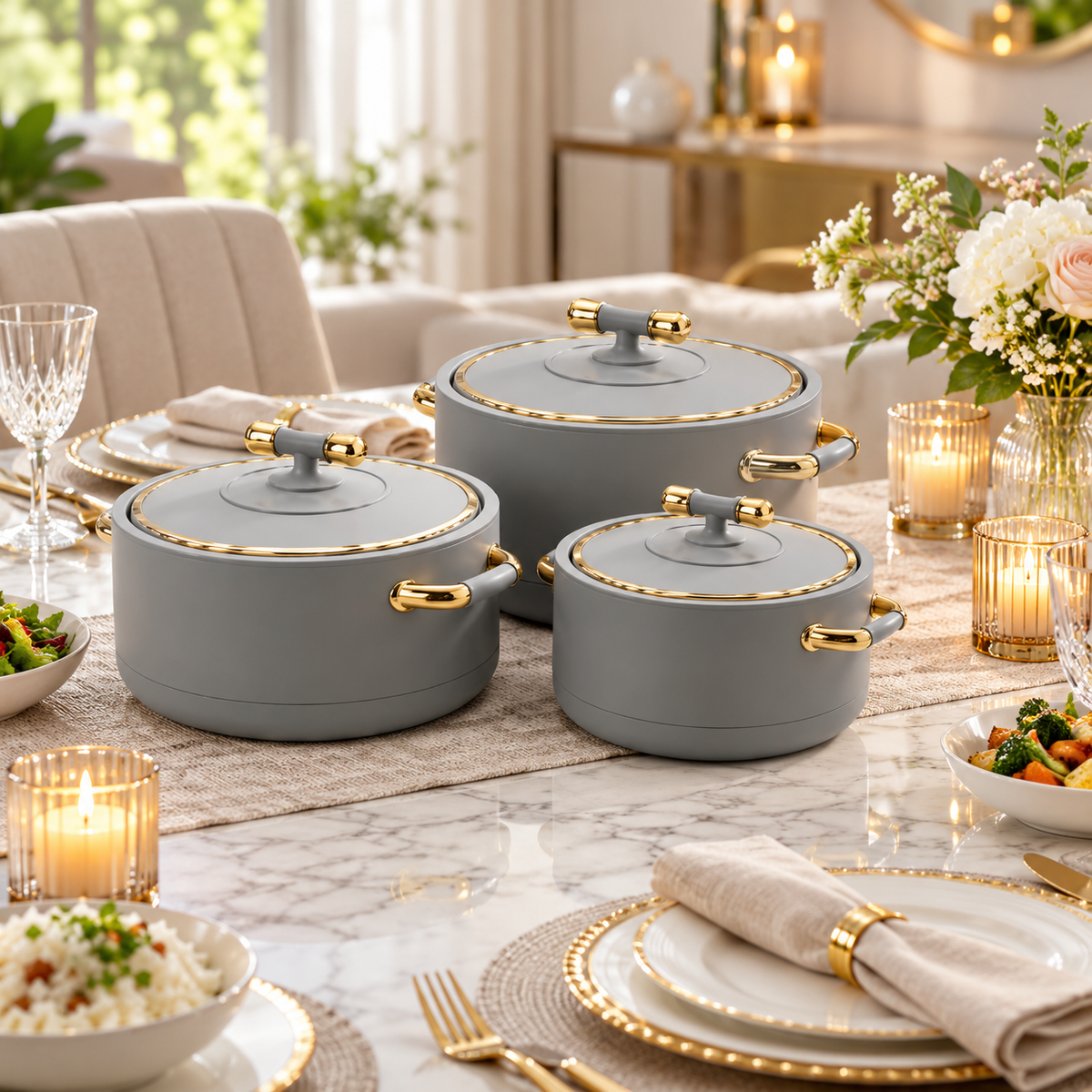 2511 Premium 3-Piece Hot Pot Set – Grey & Gold premium lifestyle view