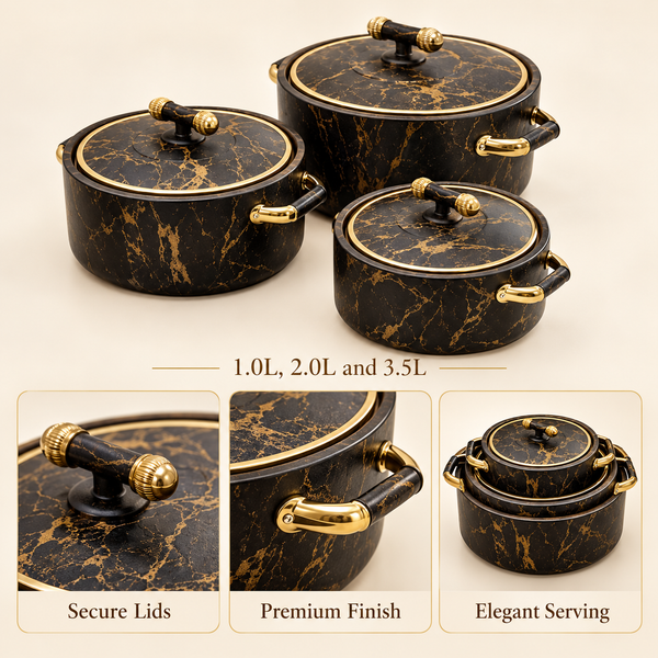 2511 Luxury 3-Piece Hot Pot Set – Black Marble Design A features and capacity details