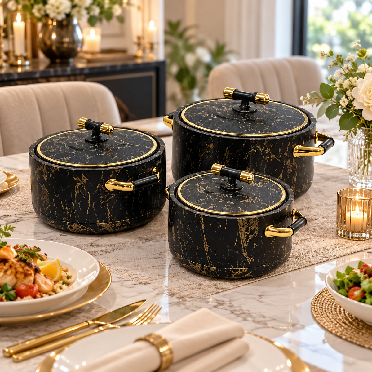 2511 Luxury 3-Piece Hot Pot Set – Black Marble Design A premium lifestyle view