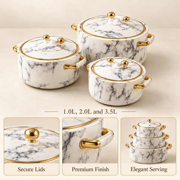 2511 Luxury 3-Piece Hot Pot Set – White Marble Design B features and capacity details