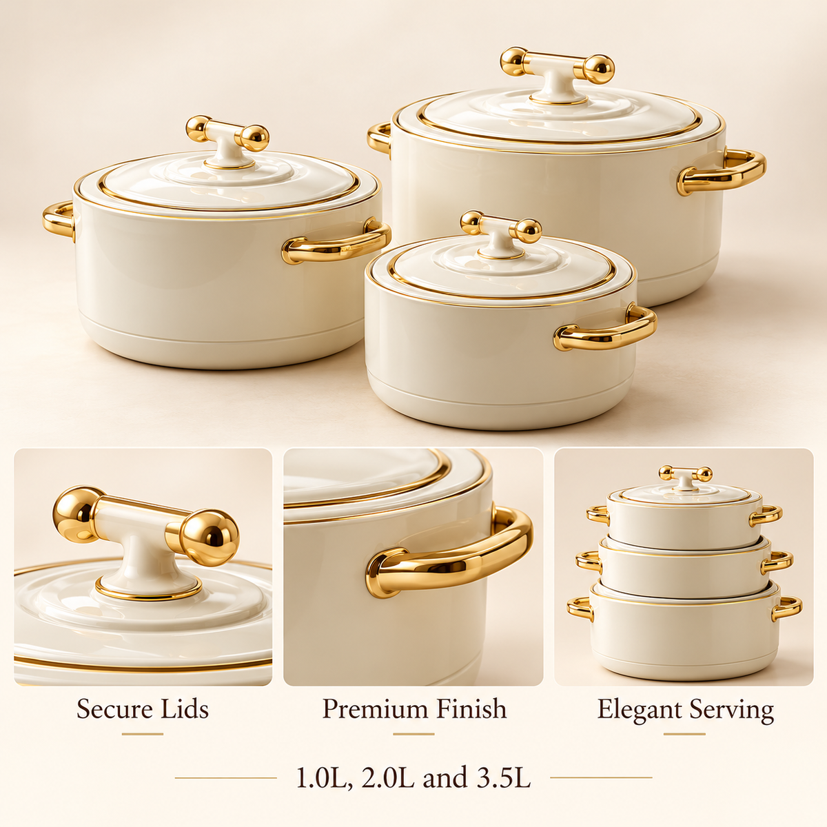 2511 Premium 3-Piece Hot Pot Set – White & Gold features and capacity details