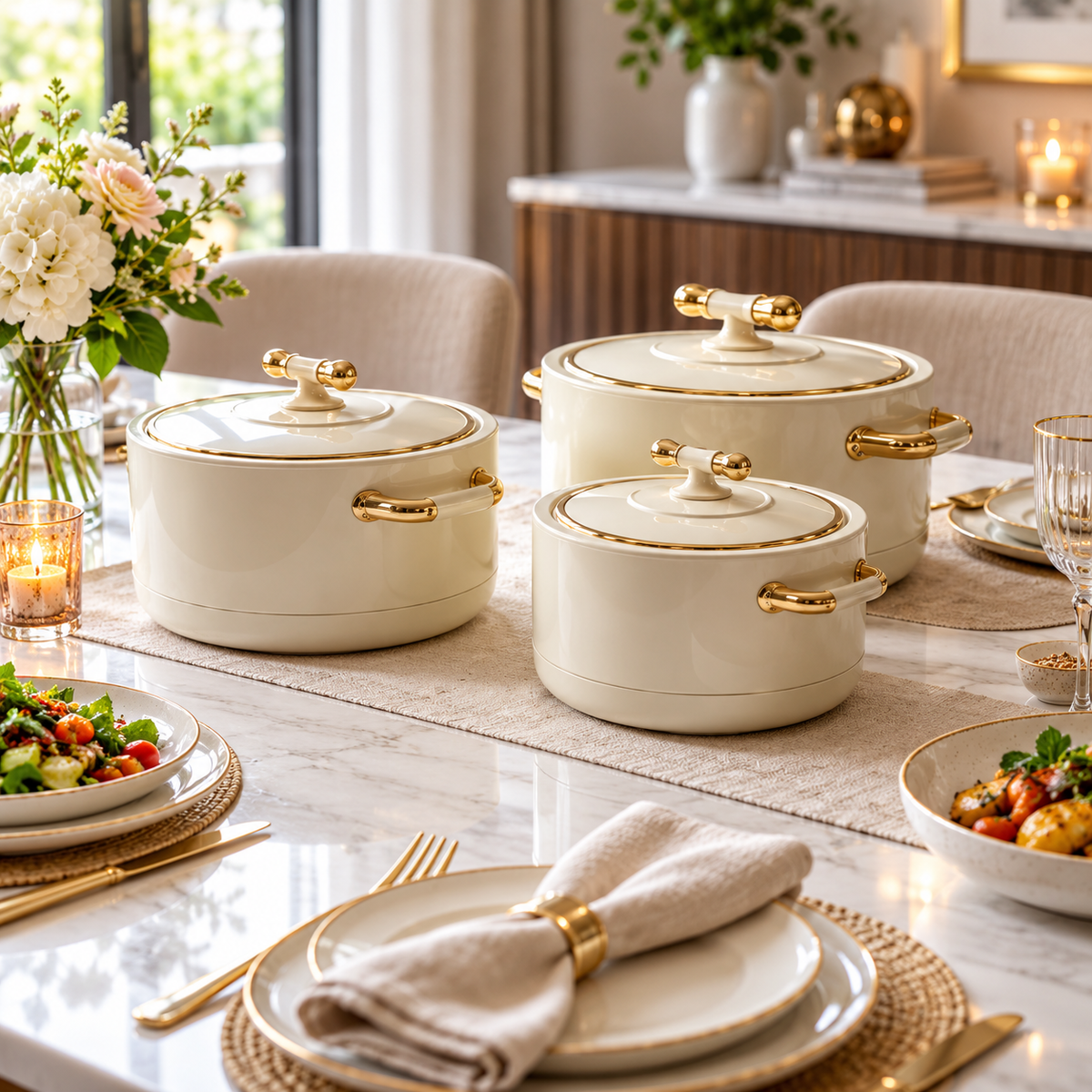 2511 Premium 3-Piece Hot Pot Set – White & Gold premium lifestyle view