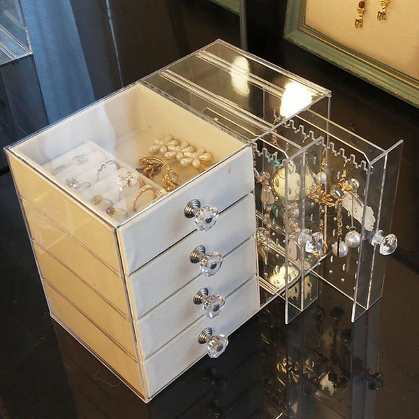 Acrylic Jewelry Organizer Box with Drawers and Earring Holder – Clear Storage Case for Rings, Watches & Accessories