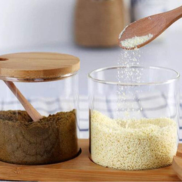 3-Piece Glass Spice Jar Set with Bamboo Lids, Spoons & Wooden Tray