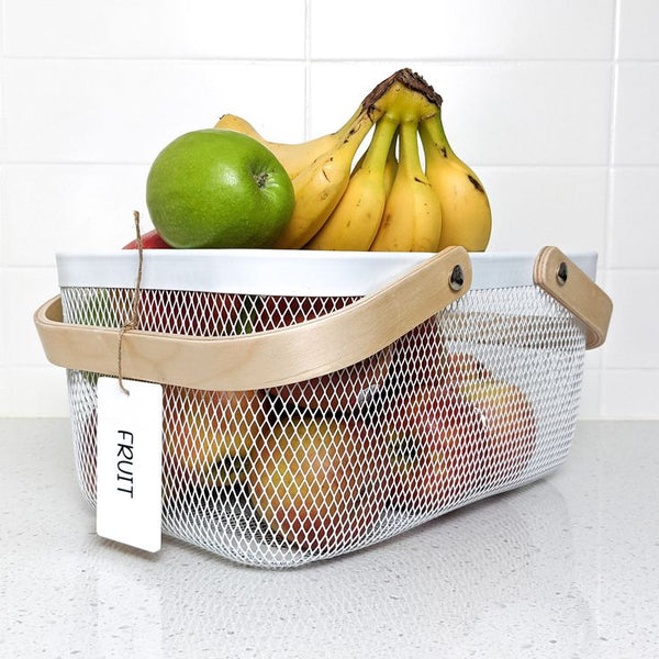 Large Metal Mesh Fruit and Vegetable Basket with Wooden Handles – Modern Kitchen Counter Storage Organizer