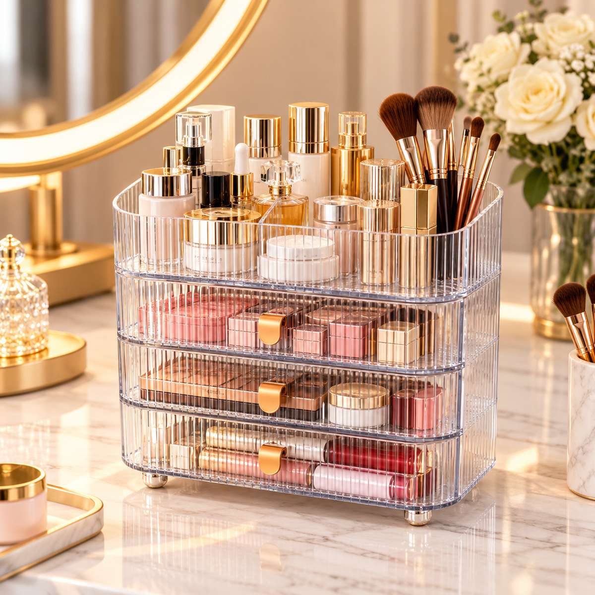 Clear three drawer cosmetic organizer