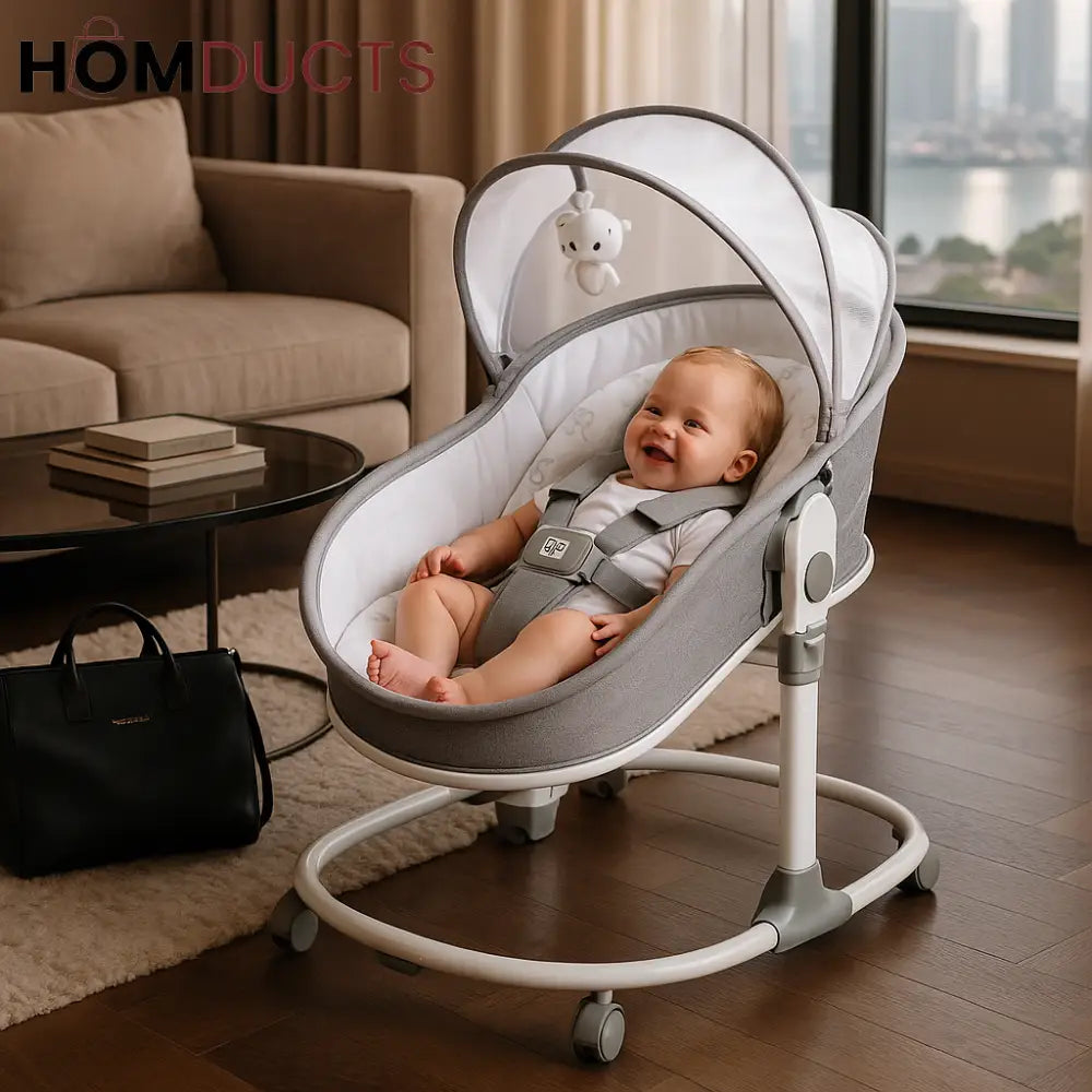 3-in-1 Luxury Baby Rocker & Bassinet – Convertible Recliner with Canopy Music & Safety Harness