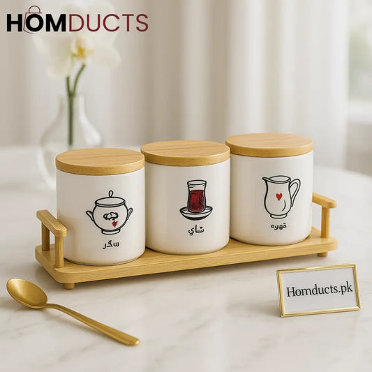 3-Piece Arabic Tea Coffee & Sugar Jar Set with Bamboo Tray – White Ceramic Canisters with Wooden Lids