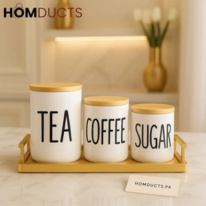 3-Piece Ceramic Tea Coffee & Sugar Jar Set with Bamboo Lids – Premium Countertop Storage