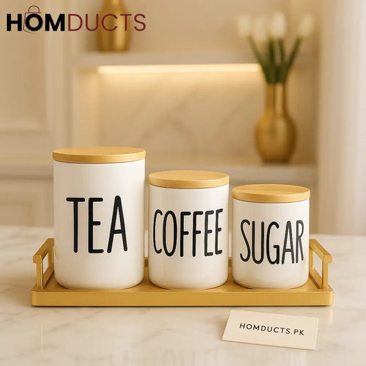 3-Piece Ceramic Tea Coffee & Sugar Jar Set with Bamboo Lids – Premium Countertop Storage
