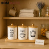 3-Piece Ceramic Tea Coffee & Sugar Jar Set with Wooden Tray – Airtight Kitchen Storage