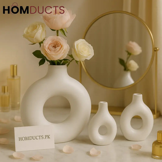 3 Piece Fiber Donut Vase Set – Large Medium & Small Modern Decorative Vases