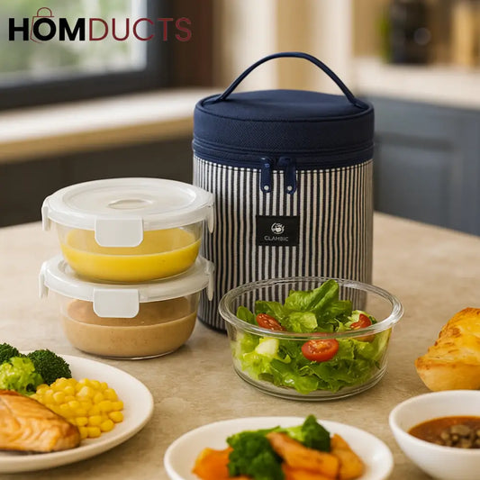 3-Piece Glass Lunch Box Set with Insulated Bag – Leakproof & Microwave Safe