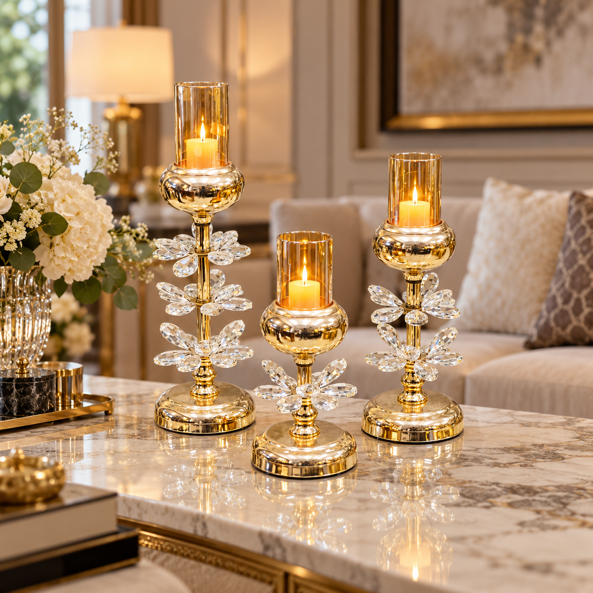 3-piece gold crystal floral candle holder set