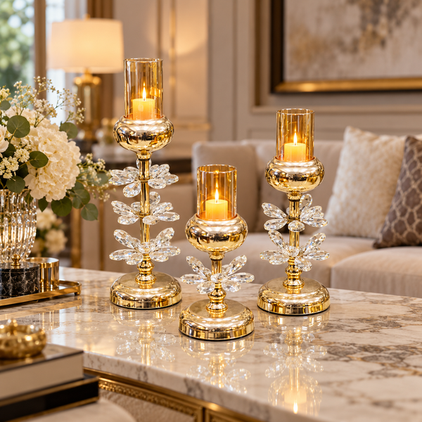 3-piece gold crystal floral candle holder set