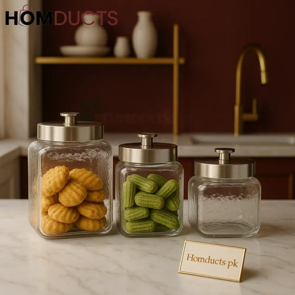 3 Piece Premium Glass Storage Jar Set with Airtight Steel Lids – Square Design