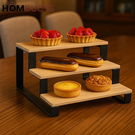3-Tier Bamboo Pastry Stand with Black Metal Frame