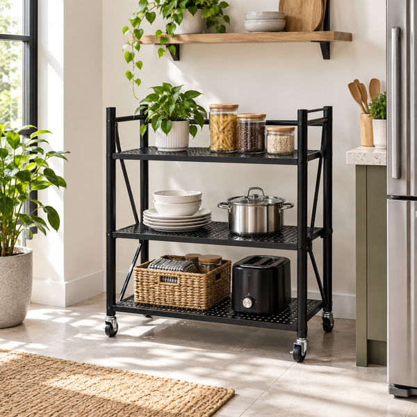 3-Tier Black Metal Folding Shelf – Multipurpose Storage Rack
