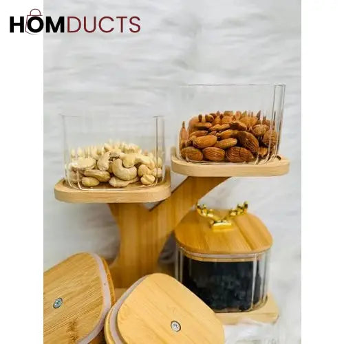3-Tier Glass Jar Set with Wooden Stand – Luxury Storage Containers with Golden Antler Lids