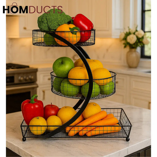 3-Tier Luxury Black Metal Fruit Basket Stand – Rotating Kitchen Organizer