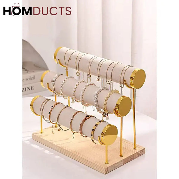 3-Tier Velvet Bracelet & Bangle Display Stand – Elegant Jewelry Organizer with Gold Accents & Wooden Base