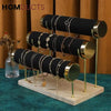 3-Tier Velvet Bracelet & Bangle Display Stand – Elegant Jewelry Organizer with Gold Accents & Wooden Base
