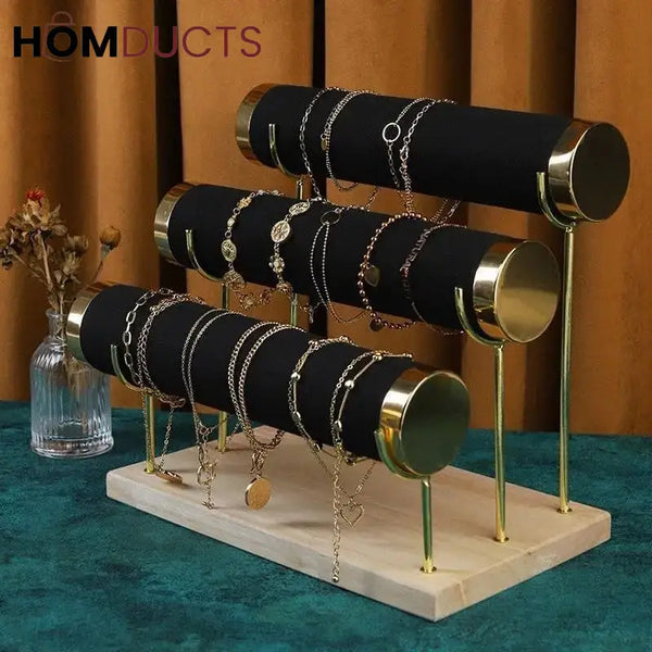 3-Tier Velvet Bracelet & Bangle Display Stand – Elegant Jewelry Organizer with Gold Accents & Wooden Base