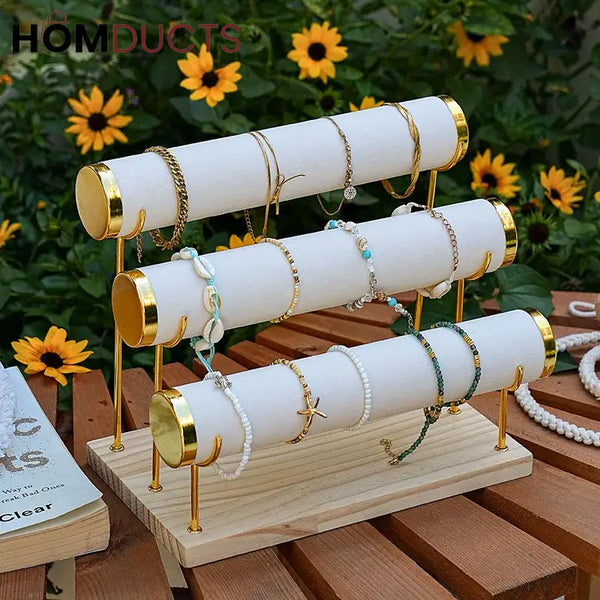 3-Tier Velvet Bracelet & Bangle Display Stand – Elegant Jewelry Organizer with Gold Accents & Wooden Base