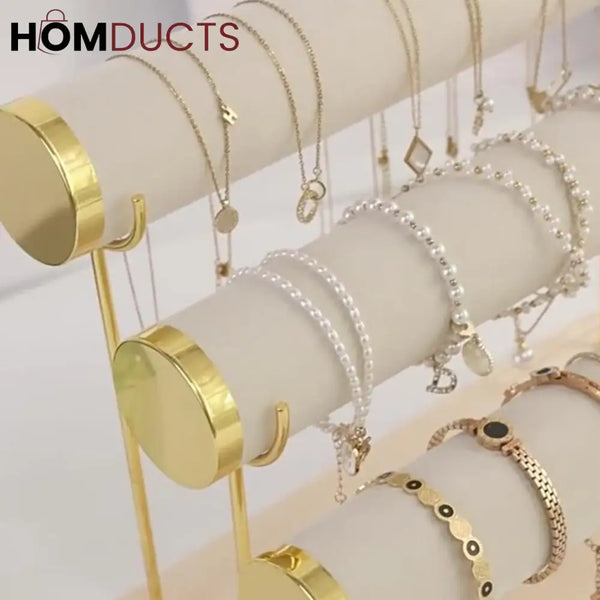 3-Tier Velvet Bracelet & Bangle Display Stand – Elegant Jewelry Organizer with Gold Accents & Wooden Base