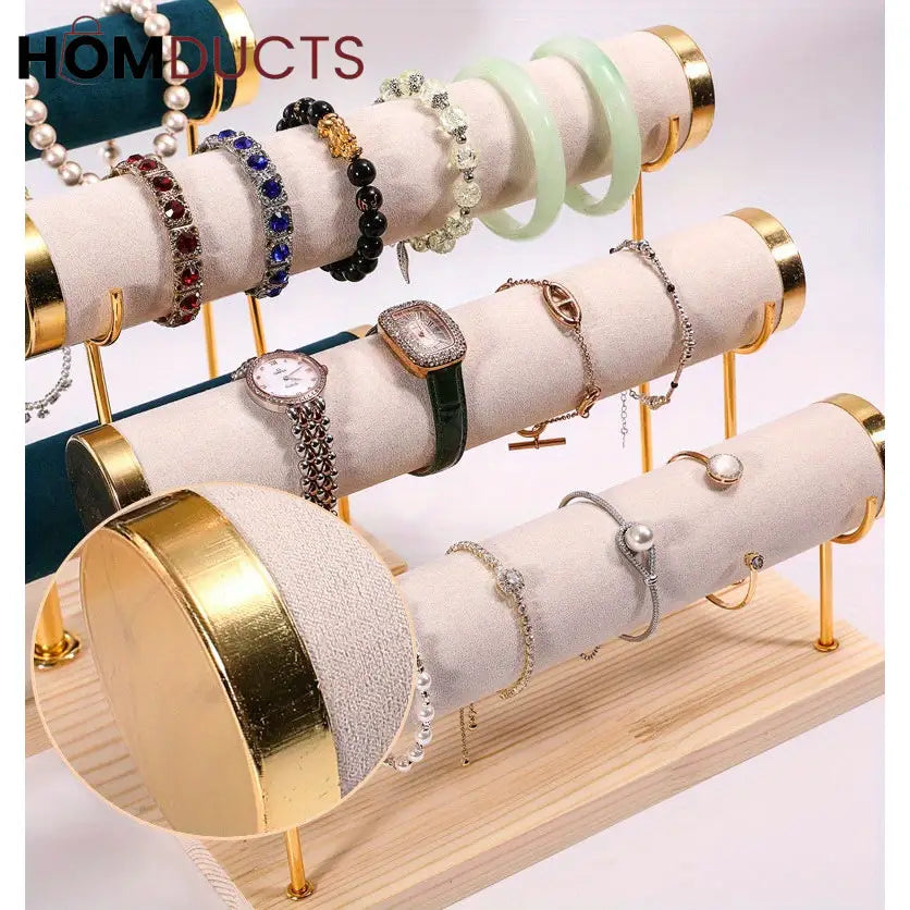 3-Tier Velvet Bracelet & Bangle Display Stand – Elegant Jewelry Organizer with Gold Accents & Wooden Base