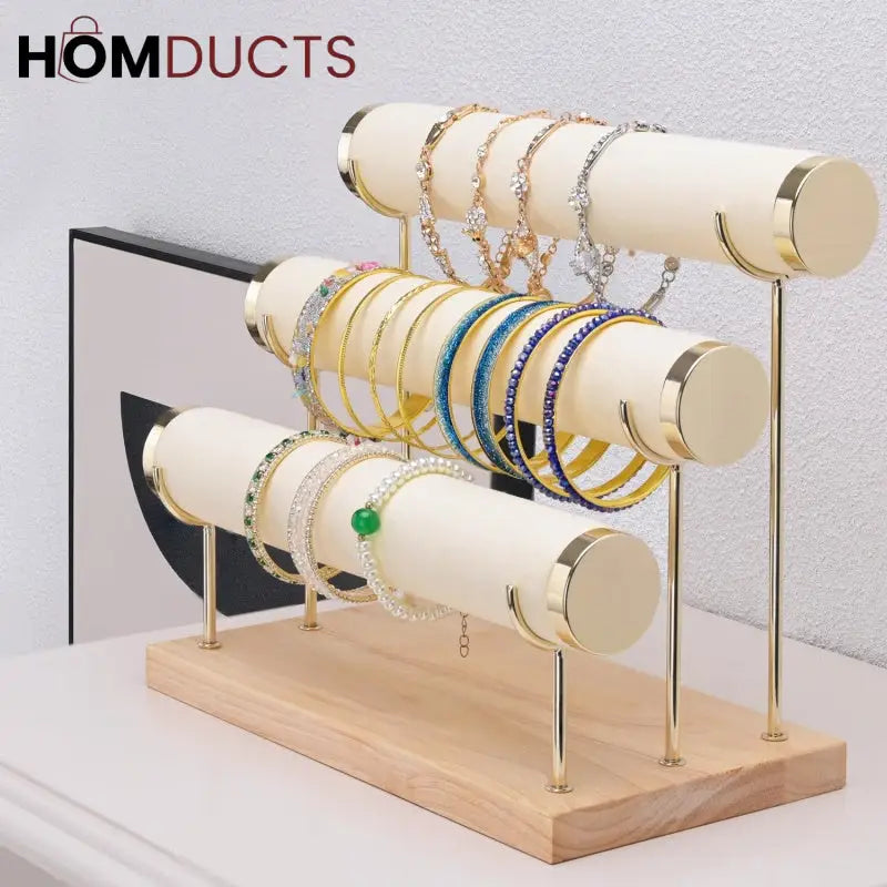 3-Tier Velvet Bracelet & Bangle Display Stand – Elegant Jewelry Organizer with Gold Accents & Wooden Base