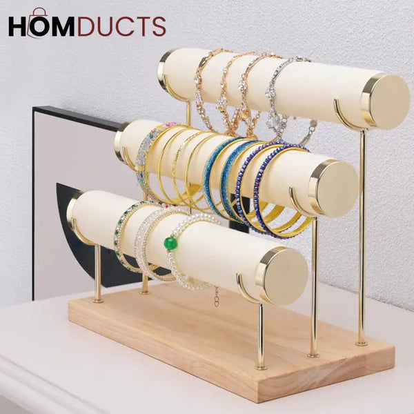 3-Tier Velvet Bracelet & Bangle Display Stand – Elegant Jewelry Organizer with Gold Accents & Wooden Base