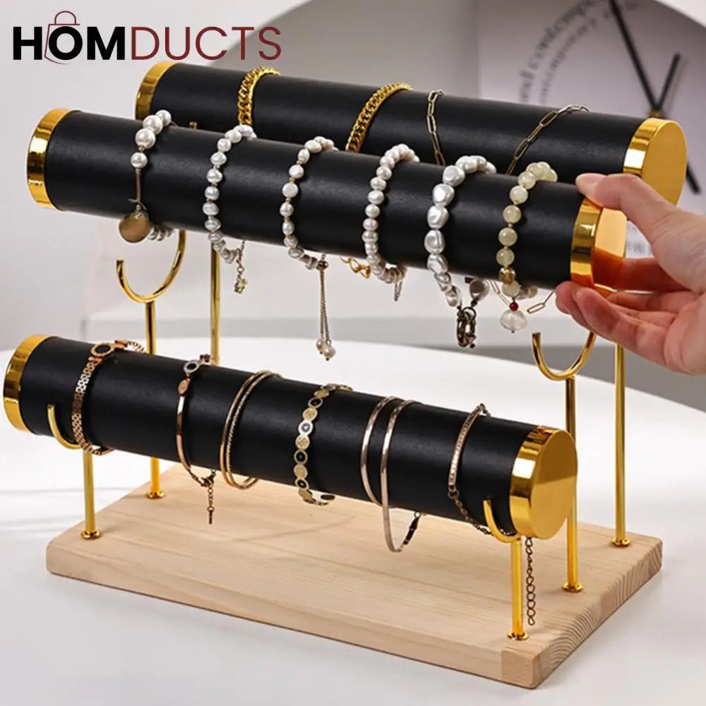 3-Tier Velvet Bracelet & Bangle Display Stand – Elegant Jewelry Organizer with Gold Accents & Wooden Base