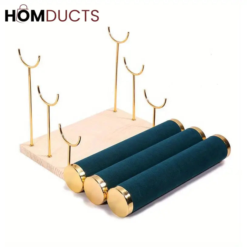 3-Tier Velvet Bracelet & Bangle Display Stand – Elegant Jewelry Organizer with Gold Accents & Wooden Base