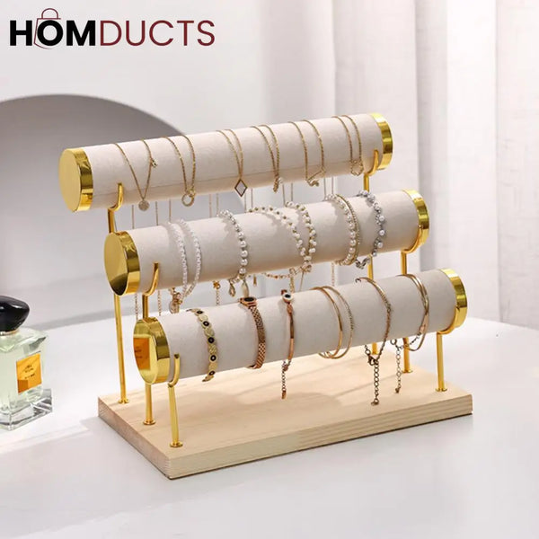 3-Tier Velvet Bracelet & Bangle Display Stand – Elegant Jewelry Organizer with Gold Accents & Wooden Base